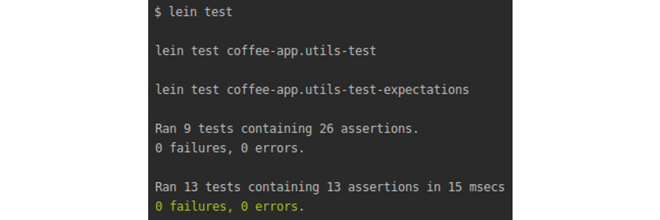 Figure 10.27: Expected output for the clojure.test and test.check tests
