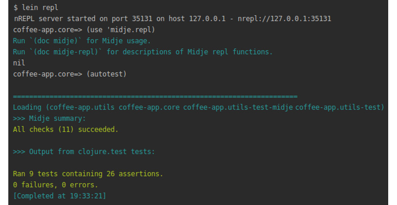 Figure 10.29: Output for the Midje tests
