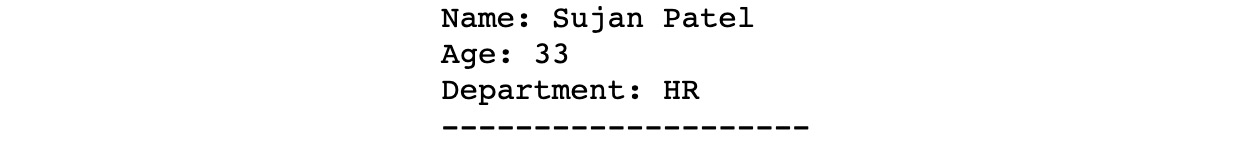 Figure 2.37: Output when we only print the employee details of Sujan Patel
