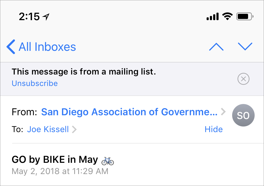 Figure 40: Unsubscribe from a mailing list by tapping the Unsubscribe link at the top.