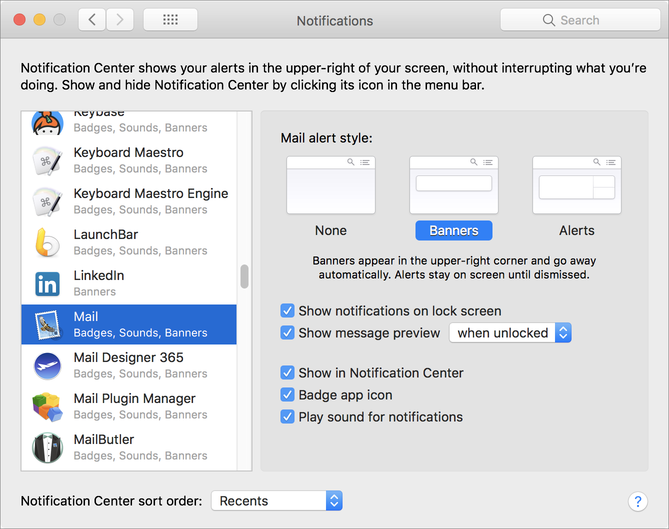 Figure 3: Set system-wide notifications from Mail in the Notifications pane of System Preferences.