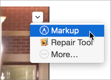 Figure 7: It’s quite subtle, but this little pop-up menu provides access to the Markup command (and any other such extensions you may have installed, such as Pixelmator’s Repair tool, shown here).
