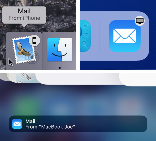 Figure 9: Handoff icons appear on the left or top edge of the Dock on a Mac (top left), the right edge of the Dock on an iPad (top right), or the bottom of the App Switcher on any iOS device (bottom).