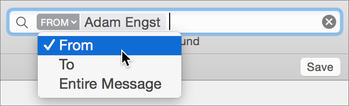 Figure 23: Choose a person’s name from the “People” category of the suggestion list and a search token appears with that person’s name. Then click the tiny triangle to the left of the name to choose where to search for that name.