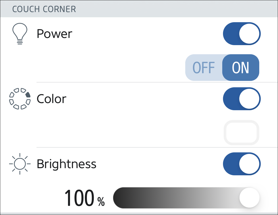 Figure 38: When making a scene in the Eve app, you first enable a specific accessory value, like power, color, or brightness, and then use the controls that appear to adjust it.