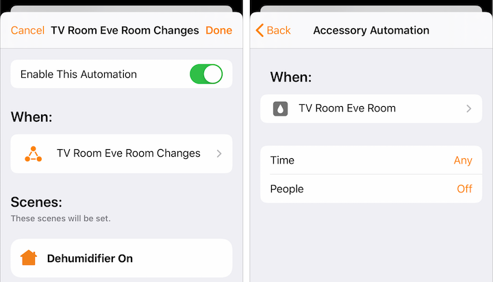 Figure 40: A HomeKit oddity: Home can display automations that it cannot create, and even lets you make a few changes to them.