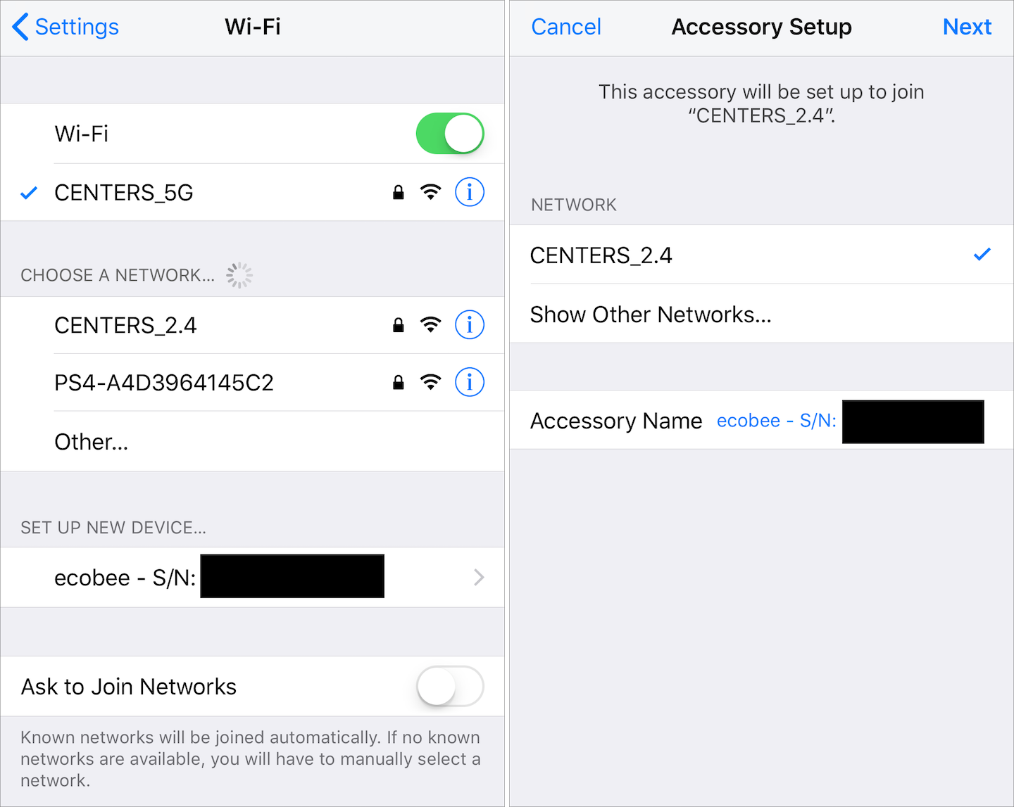 Figure 62: Set up the ecobee’s Wi-Fi connection with an iOS device.