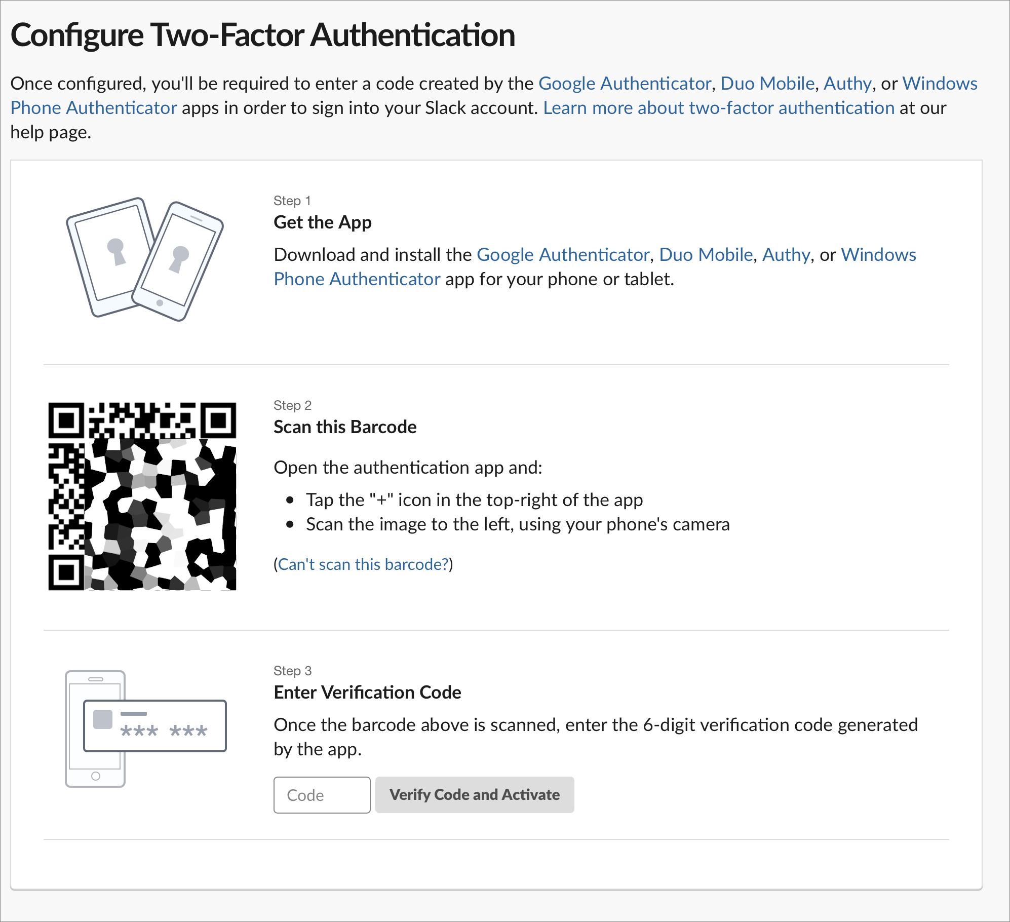Figure 8: With an authentication app, you seed the verification process with a QR Code generated by Slack (blurred here).