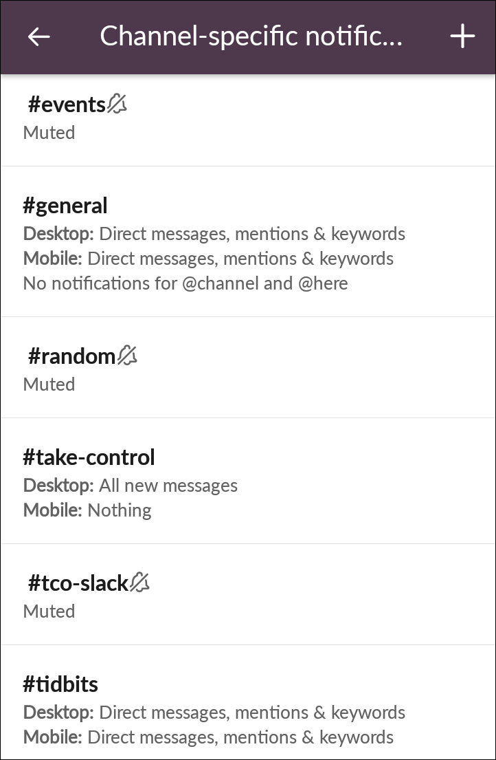 Figure 91: Slack shows which channel’s override workspace-wide settings for you. Here, we’re looking at Android’s view.