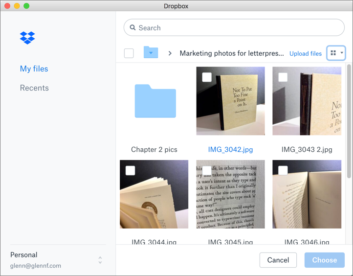 Figure 50: In Dropbox, you can scroll through images and select which to upload.