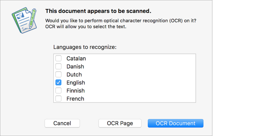 Figure 26: When PDFpen detects a full-page image, it may display this dialog, depending upon the OCR preference settings.