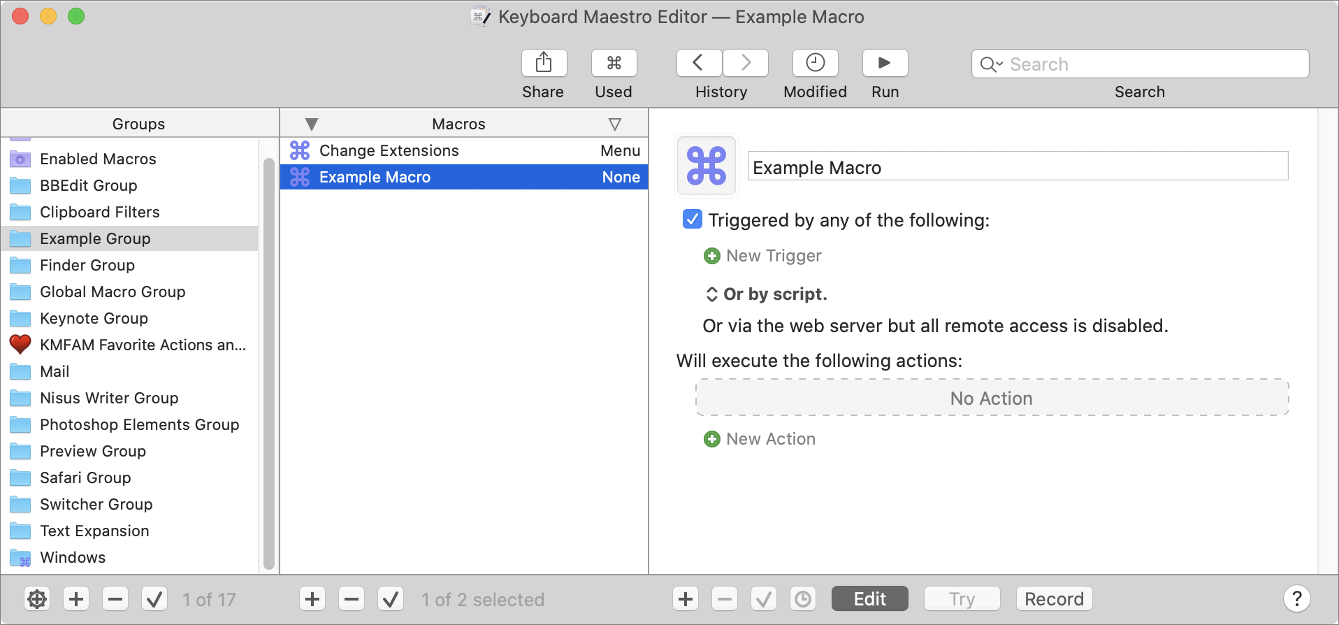 Figure 60: The Keyboard Maestro editor with a new, blank macro ready to be customized.