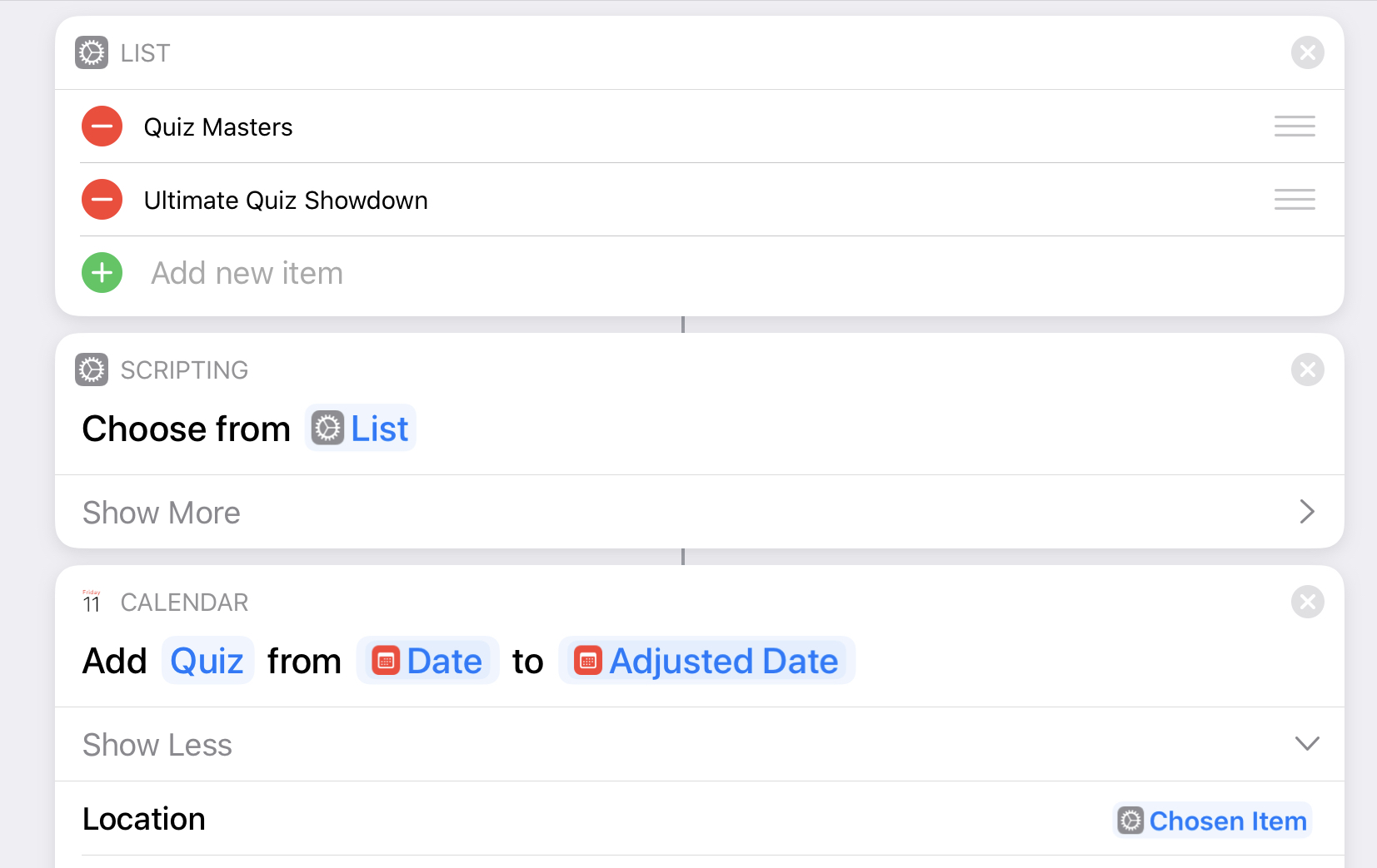 Figure 47: List, Choose from List and the resulting choice are used to set the location.