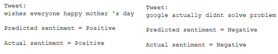 Figure 7.42: Positive (left) and negative (right) tweets and their predictions
