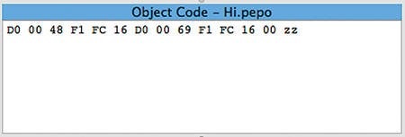 A screenshot of the machine language program in Object code window reads the hexadecimal code D0, 00, 48, F1, FC, 16, D0, 00, 69, F1, 16, 00, zz.