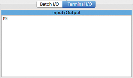 A screenshot of the output ‘Hi’ is displayed on the Terminal I/O tab of Input/Output window.