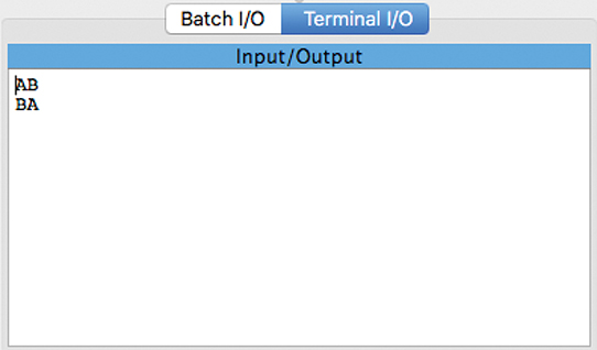 A screenshot of the output ‘A B’ and ‘B A’ are displayed one below the other on the Terminal I/O tab of Input/Output window.