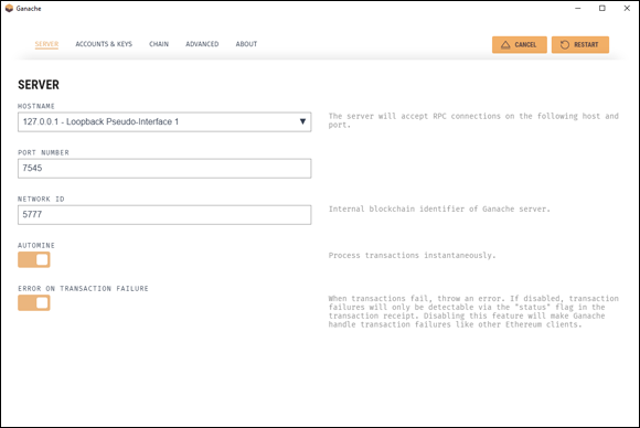 Screen capture depicting Ganache settings window with default values.