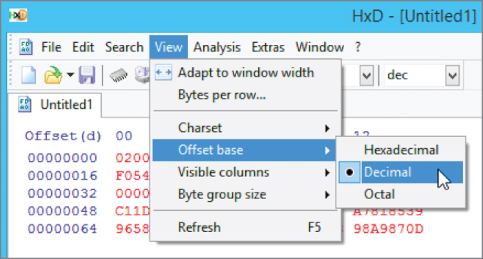 Snapshot illustration of setting the offset base to decimal.