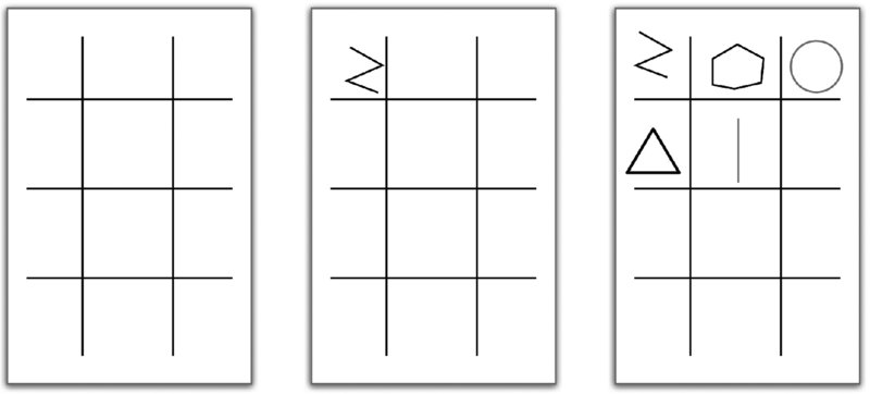 Diagram shows three grids of three by four in which second and third grids have shapes drawn into cells such as triangle, circle, pentagon, and tilted ‘z’.