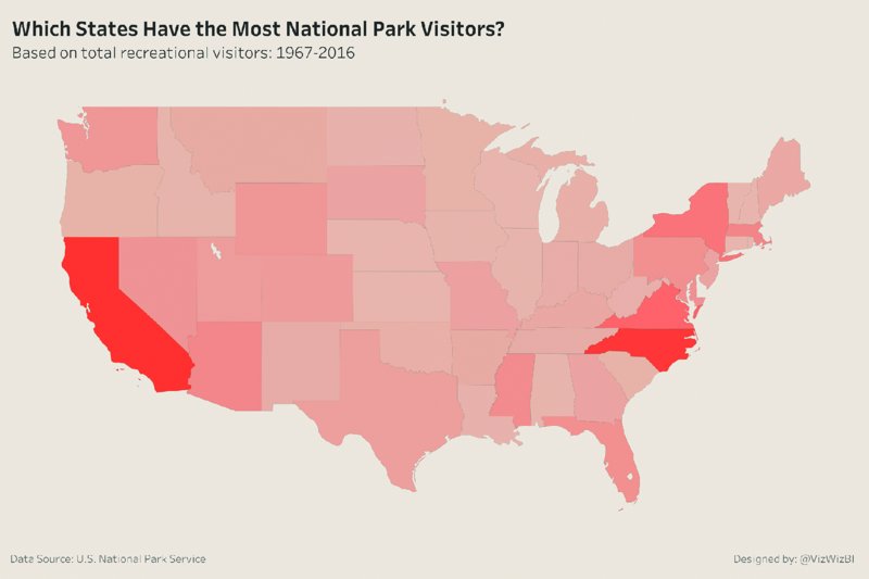 Map shows states having most national park visitors during 1967 to 2016 in USA.