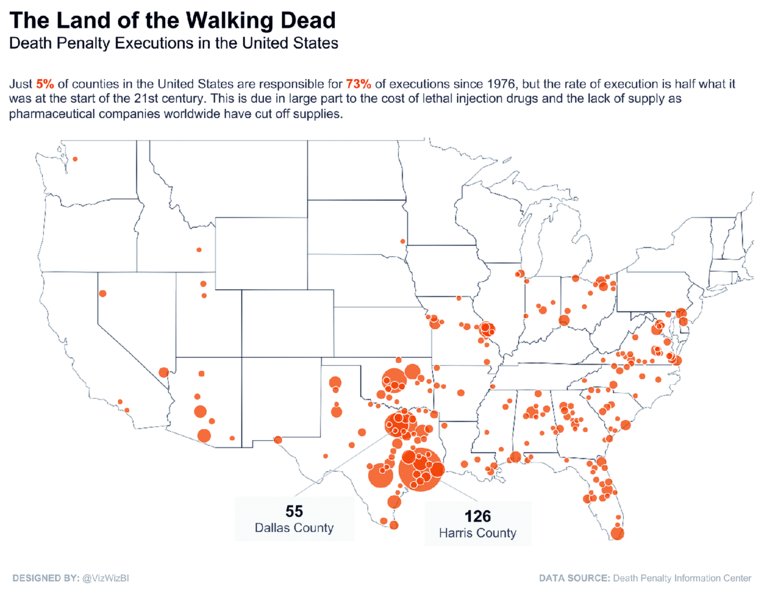 Map shows land of walking dead with penalty executions in USA where Dallas county is 55 and Harris county is 126.