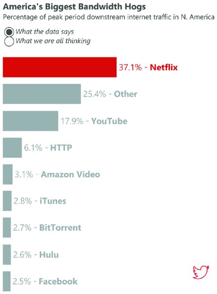 Chart shows America's biggest bandwidth Hogs for what data says and what we all think on 37.1 percent of Netflix, 25.4 percent others, 6.1 percent http, 2.8 percent iTunes, et cetera.