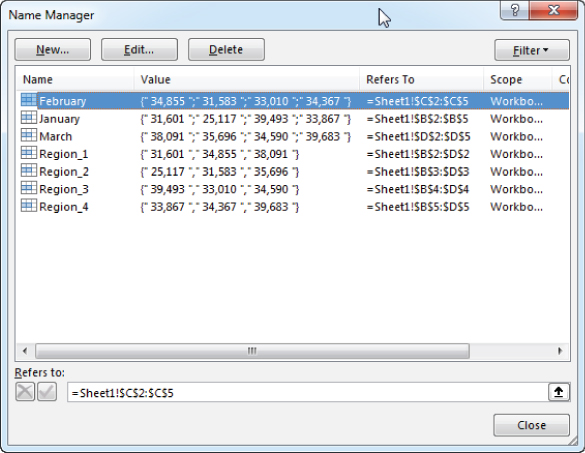 Screenshot of the Name Manager dialog box displaying the seven named ranges created by Excel.