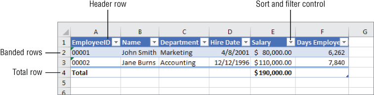 Screenshot of the structure of a simple table with a header row, banded rows, total row, and sort and filter control.