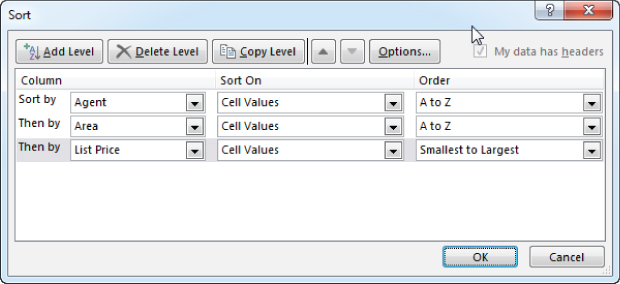 Screenshot of the Sort dialog box after entering the specifications for a three-column sort.