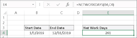 Screenshot of the NETWORKDAYS function used in cell E4 to calculate the number of workdays between 1/1/2019 and 12/31/2019.