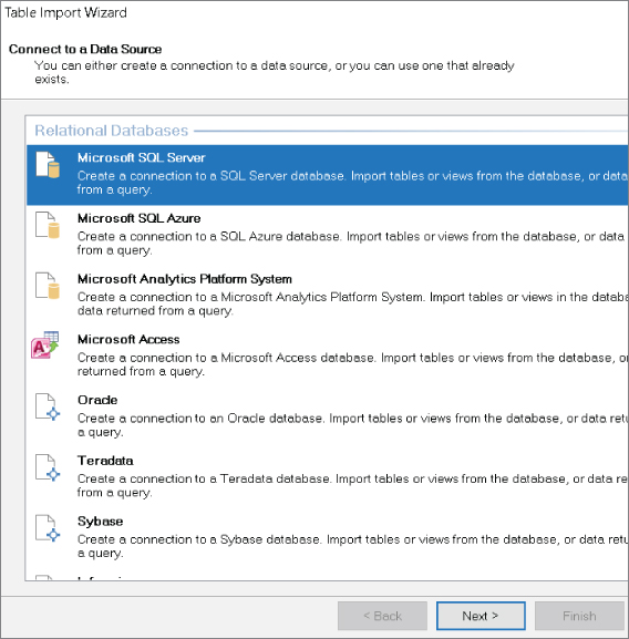 Screenshot for activating the Table Import Wizard and selecting Microsoft SQL Server.