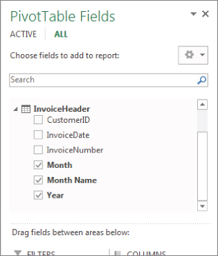 Screenshot displaying DAX calculations that are immediately available in any connected PivotTable Fields list.