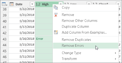 Screenshot display for clicking the Table Actions icon to select actions (such as Remove Errors) that you want applied to the entire data table.