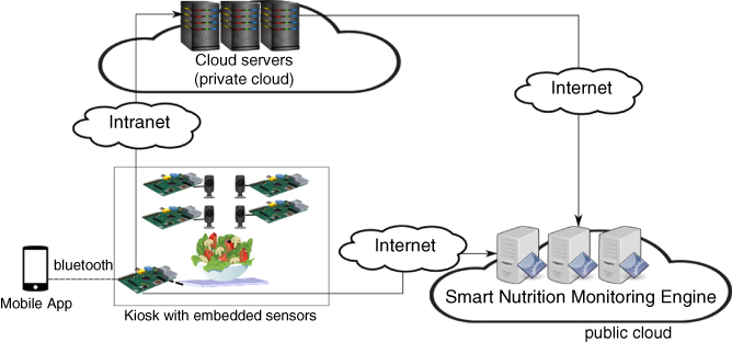 Schematic diagram depicting prototype of the smart nutrition monitoring system with Mobile App connected by Bluetooth through Intranet and Internet to Smart Nutrition Monitoring Engine, public cloud.