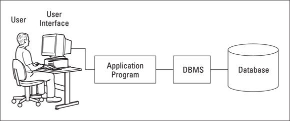 Block diagram depicting a DBMS-based information system, where the flow of information between database and user is always the same.