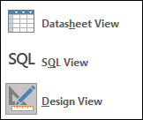 Screenshot of the database views available in the Query mode: the Datasheet view, SQL view, and Design view.