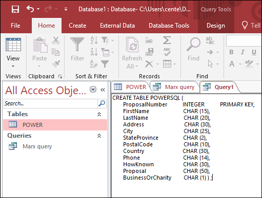 Screenshot to create POWERSQL table using details listed out in the Data-definition query.