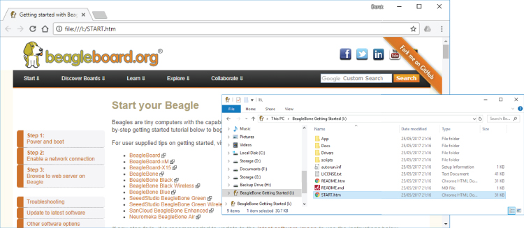 Window depicting the highlighted BeagleBone Getting Started (l:) in the navigation tree under File manager. In the left panel, START.htm file is being highlighted.