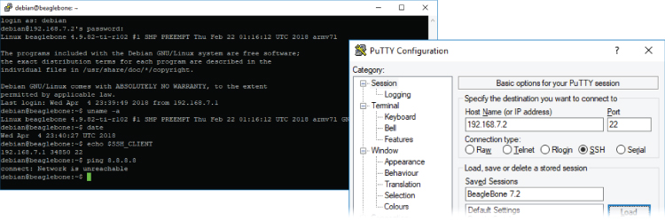 PuTTY Configuration settings depicting data entry fields labeled 192.168.7.2, 22, and BeagleBone 7.2 under Host Name, Port, and Saved Sessions, respectively, and a selected bullet labeled SSH under Connection type.