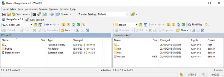 Users – BeagleBone 7.2 – WinSCP window displaying lists of files at the left (C:Users) and right (/home/deabian/) panels with type and date of changed details.