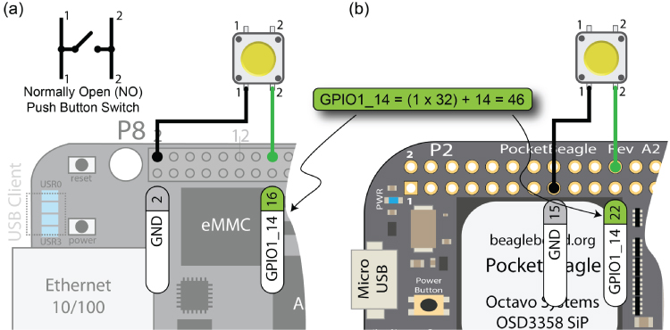 2 Diagrams of GPIO button input example with an internal pull-up resistor enabled on the BeagleBone (left) and the PocketBeagle (right) having different GND. 2 Arrows indicate GPIO_14= (1x32)+ 14= 46 on both circuits.