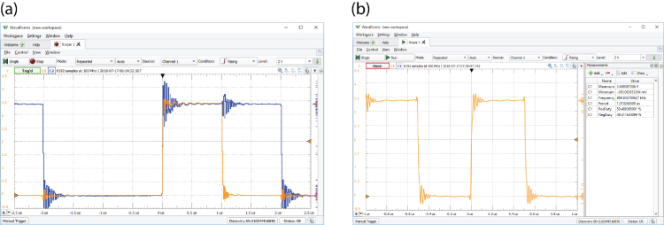 Screenshot of Waveforms (new workspace) windows displaying waveforms for two PWM channels with a 25 percent and 50 percent duty cycle at 250 kHz (left) and PWM at 1 MHz with a duty cycle of 50 percent (right).
