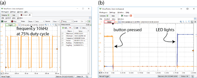 Screenshots of Waveforms (new workspace) windows displaying waveforms for BoneScript output for PWM (frequency 10 kHz at 75% duty cycle) (left) and the button/LED response (right).