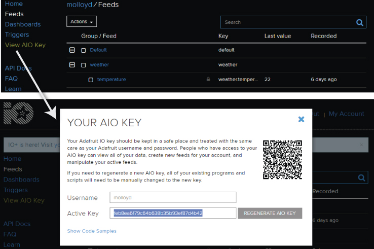 Screenshot for creating an Adafruit IO feed and identifying the AIO key to be used in a program code.