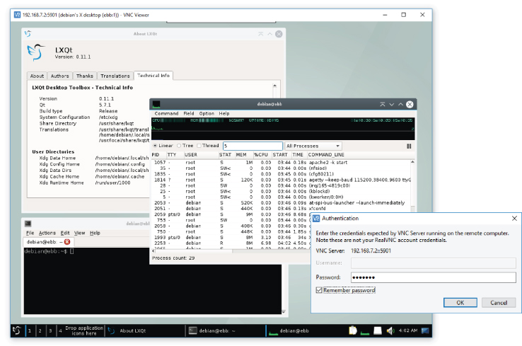 Screenshot displaying the VNC Viewer on Windows connected to the LXQt window manager on a Beagle board.