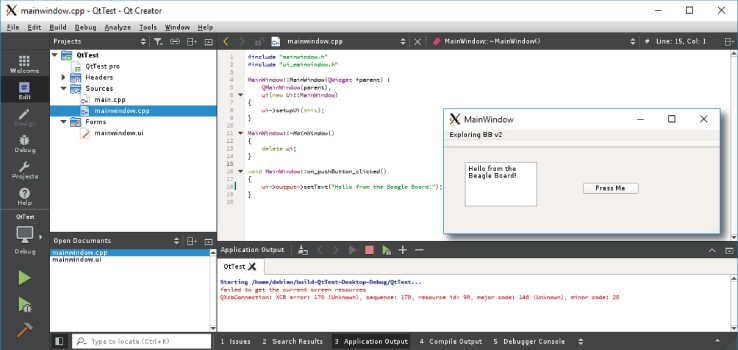 Screenshot of the Qt Creator IDE test application to create a simple Qt GUI application on a Beagle board.