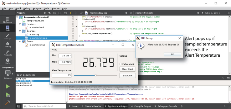 Screenshot of a full-featured Qt TMP36 temperature sensor GUI application that executes directly on a Beagle board.