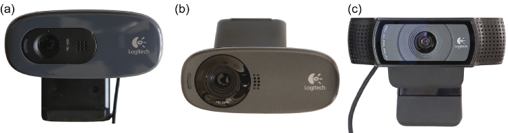Pictures of Logitech USB HD webcam models (a) C270, (b) C310, and (c) C920.