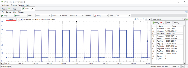 Screenshot displaying the output of flashing an LED at 10 Hz, when the LED is turned on for 50 ms and then off for 50 ms.